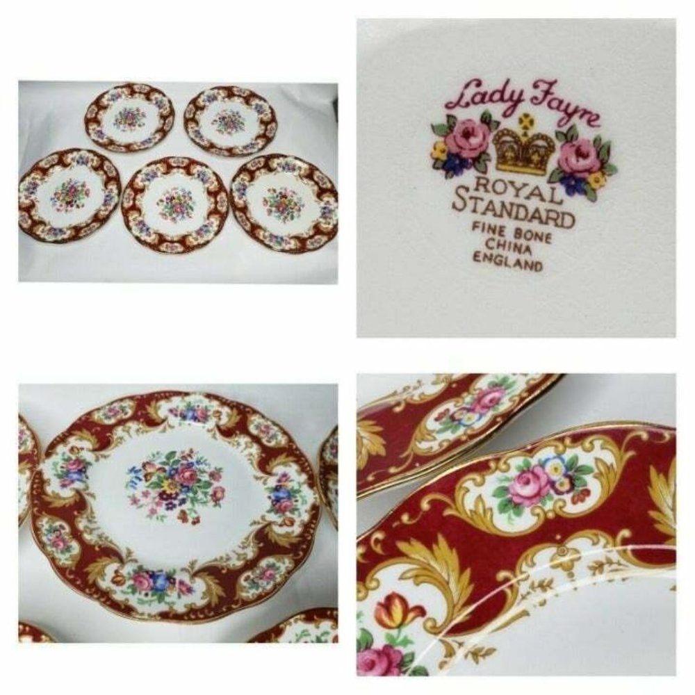 5 Lady Fayre Royal Standard Fine Bone China England Burgundy Floral Plates 7"